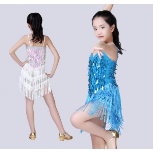 Children latin dresses sequined silver white gold red turquoise girls competition salsa chacha rumba fringes latin dance dresses